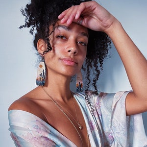 Saguaro - Orecchini con perline intrecciate a mano, orecchini lunghi moderni, orecchini del deserto, cactus, orecchini con paesaggio, orecchini con frange, regalo per lei