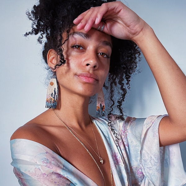 Saguaro - Handwoven beaded earrings, long modern earrings, desert earrings, cactus, landscape earrings, fringe earrings, gift for her