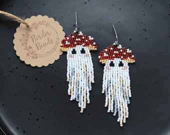 Forest ghost - Handwoven beaded earrings,halloween earrings,dark jewelry,ghost,mushroom,halloween art,unique,whimsical art,spooky jewelry