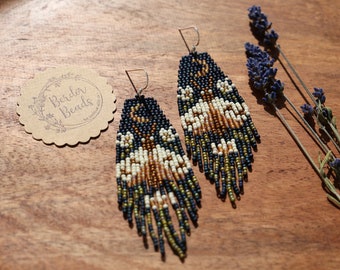 Denim Blue Moth - handwoven beaded earrings,handmade,navy blue,moth,bohemian earrings,seed bead earrings,boho,unique earrings,art jewelry