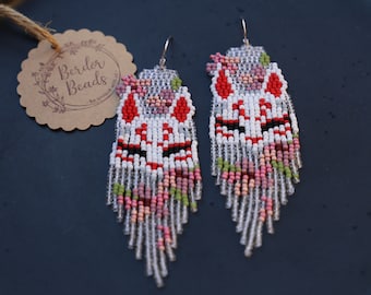 Kitsune - Handwoven beaded earrings,long modern earrings,statement earrings,japanese art,fringe earrings,gift for her,unique,contemporary