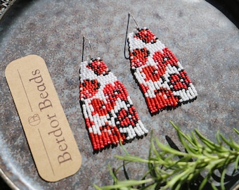 Handwoven beaded earrings, long modern earrings, flower earrings, red, fringe earrings, gift for her, colorful