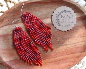 Lava - Handwoven beaded earrings, modern earrings, fringe earrings, abstract earrings, elegant, red, gift for her, beaded jewelry, trendy