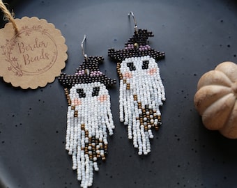 Witch ghost - Handwoven beaded earrings,halloween earrings,fringe earrings,dark jewelry,ghost,halloween art,unique,whimsical,spooky,witchy