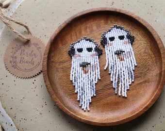 Cool ghost - Handwoven beaded earrings,halloween earrings,fringe earrings,dark jewelry,ghost,halloween art,unique,whimsical,spooky