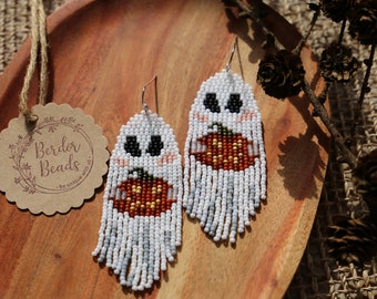 Sweet spooky - Handwoven beaded earrings,halloween earrings,fringe earrings,dark jewelry,ghost,halloween art,unique,whimsical,spooky