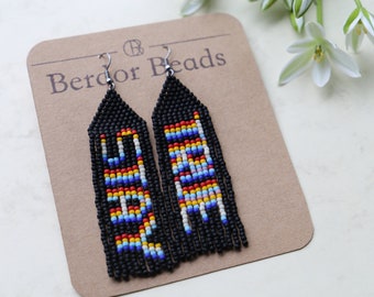 Handwoven beaded earrings,earrings with thoughts,black,cool earrings,contemporary art,positive vibes earrings,unique,modern,punk rock style