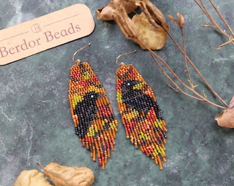 Golden raven - Handwoven beaded earrings,long modern earrings,dark style,fall vibes,fringe earrings,gift for her,beaded jewelry,unique style