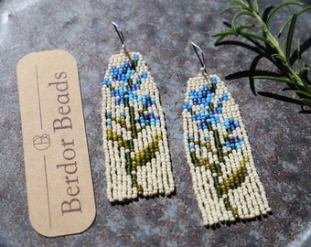 Forget me not - Handwoven beaded earrings, long modern earrings, flower earrings, forget me not, fringe earrings, gift for her, colorful