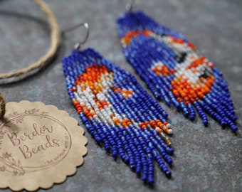Berdor Koi - Handwoven beaded earrings,modern earrings,statement earrings,royal blue,koi fish,fringe earrings,gift for her,unique style