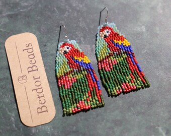 Handwoven beaded earrings, long modern earrings, tropical earrings, summer earrings, boho earrings, fringe earrings, gift for her, colorful
