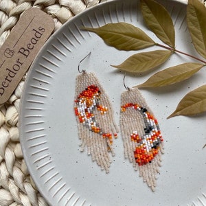 Berdor Koi - Handwoven beaded earrings,modern earrings,statement earrings,koi fish,beige,fringe earrings,gift for her,unique,contemporary