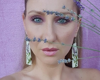 Handwoven beaded earrings, long modern earrings, flower earrings, lavender, fringe earrings, gift for her, colorful