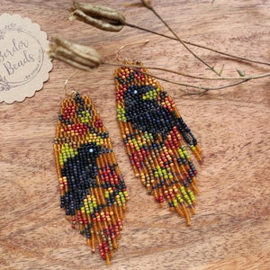 Golden raven Handwoven beaded earrings,long modern earrings,dark style,fall vibes,fringe earrings,gift for her,beaded jewelry,unique style image 2