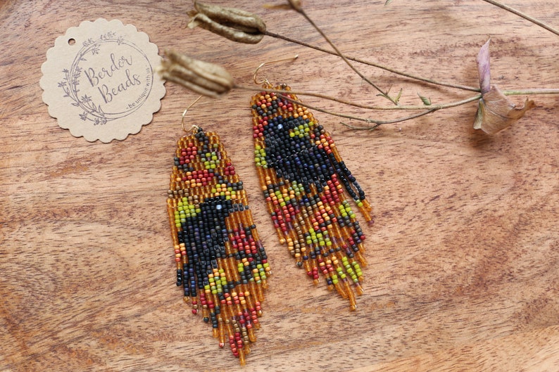 Golden raven Handwoven beaded earrings,long modern earrings,dark style,fall vibes,fringe earrings,gift for her,beaded jewelry,unique style image 2