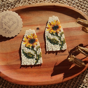 Sunflower - Handwoven beaded fringe earrings,modern earrings,yellow flower earrings,sunflower earrings,gift for women,unique accessories