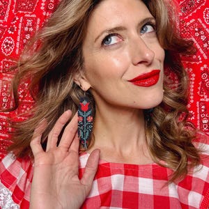 Abstract tulip -Handwoven beaded earrings,long modern earrings,red tulip earrings, flower,fringe earrings,gift for her, dark blue earrings