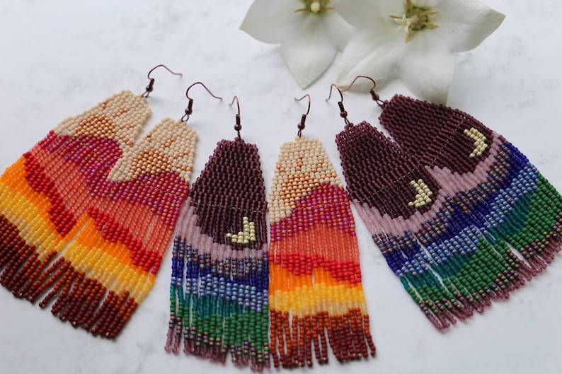 Anna Handwoven beaded earrings, long modern earrings, colorful landscape, warm and cold colors, moon and sun, colorful, mismatch earrings zdjęcie 8