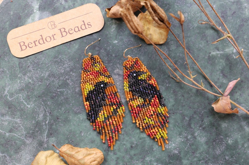 Golden raven Handwoven beaded earrings,long modern earrings,dark style,fall vibes,fringe earrings,gift for her,beaded jewelry,unique style image 1