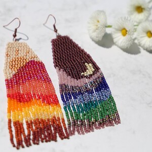 Anna Handwoven beaded earrings, long modern earrings, colorful landscape, warm and cold colors, moon and sun, colorful, mismatch earrings image 6