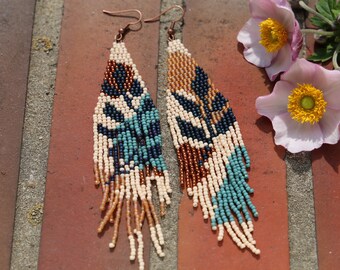 Handwoven Beaded Earrings Long Modern Earrings Fringe Earrings