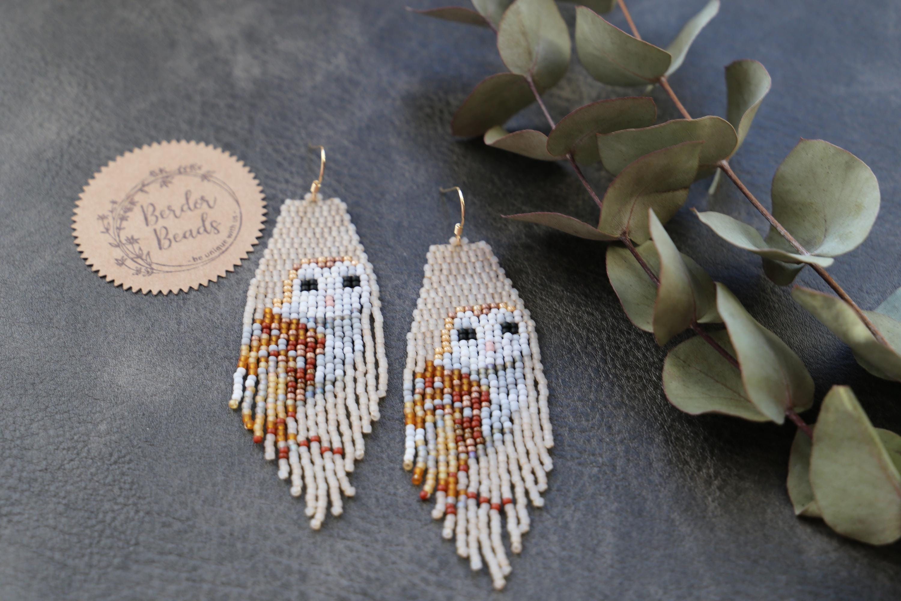 Barn owl - handwoven beaded earrings, bird, long modern earrings, nature inspired, fringe earrings, gift for her, beaded jewelry, unique, trendy