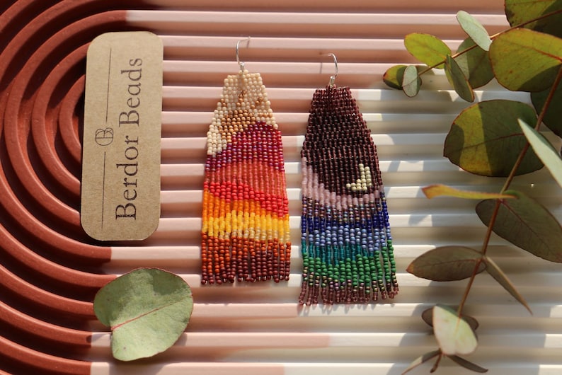 Anna Handwoven beaded earrings, long modern earrings, colorful landscape, warm and cold colors, moon and sun, colorful, mismatch earrings image 1