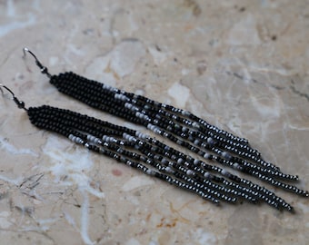 Handwoven beaded earrings, long modern earrings, black and grey, extra-long, fringe earrings, gift for her, beaded jewelry, trendy