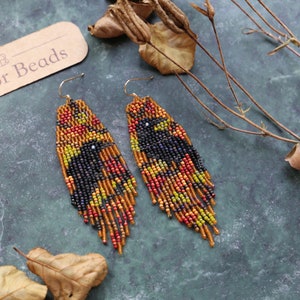 Golden raven Handwoven beaded earrings,long modern earrings,dark style,fall vibes,fringe earrings,gift for her,beaded jewelry,unique style image 6