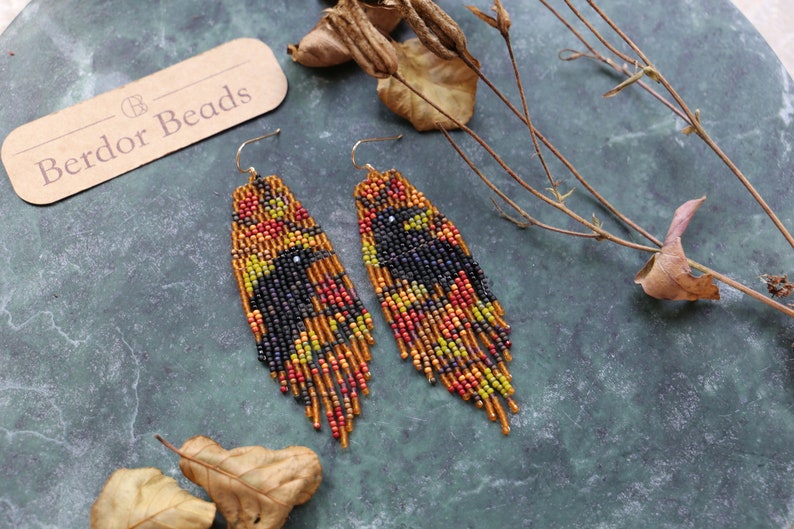 Golden raven Handwoven beaded earrings,long modern earrings,dark style,fall vibes,fringe earrings,gift for her,beaded jewelry,unique style image 6