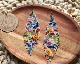 Handwoven beaded earrings, long modern earrings, fringe earrings, colorful, pastel, abstract, folky, gift for her, wearable art, statement