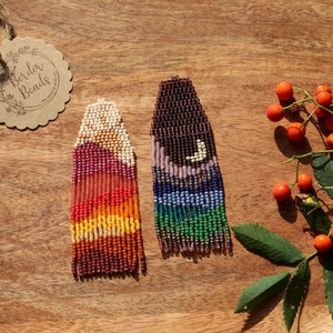 Anna Handwoven beaded earrings, long modern earrings, colorful landscape, warm and cold colors, moon and sun, colorful, mismatch earrings image 3