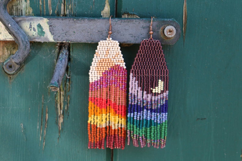 Anna Handwoven beaded earrings, long modern earrings, colorful landscape, warm and cold colors, moon and sun, colorful, mismatch earrings image 2