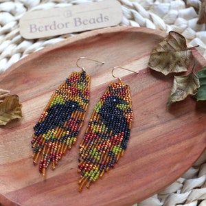 Golden raven Handwoven beaded earrings,long modern earrings,dark style,fall vibes,fringe earrings,gift for her,beaded jewelry,unique style image 5