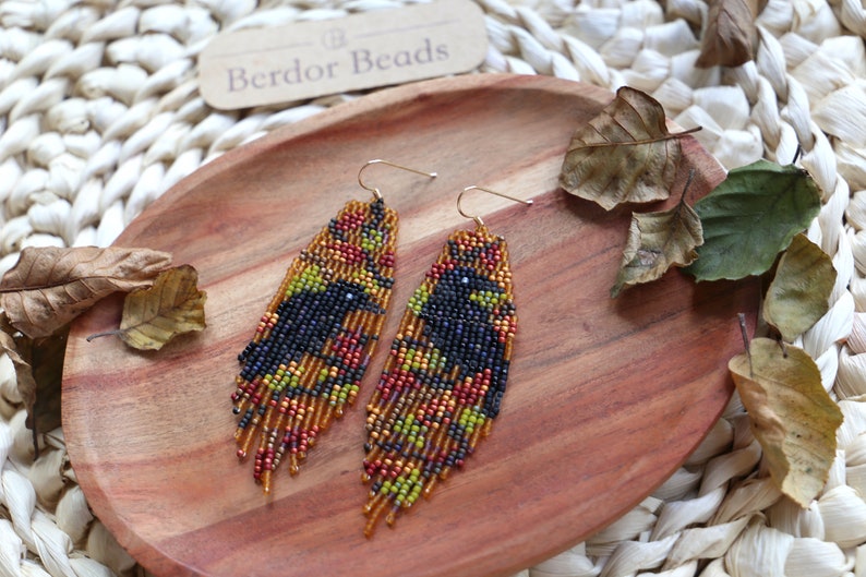 Golden raven Handwoven beaded earrings,long modern earrings,dark style,fall vibes,fringe earrings,gift for her,beaded jewelry,unique style image 5