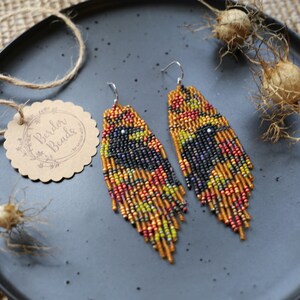 Golden raven Handwoven beaded earrings,long modern earrings,dark style,fall vibes,fringe earrings,gift for her,beaded jewelry,unique style image 4