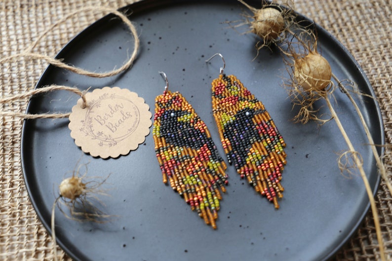 Golden raven Handwoven beaded earrings,long modern earrings,dark style,fall vibes,fringe earrings,gift for her,beaded jewelry,unique style image 4