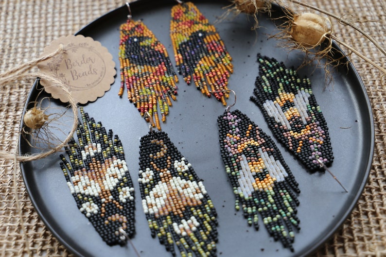 Golden raven Handwoven beaded earrings,long modern earrings,dark style,fall vibes,fringe earrings,gift for her,beaded jewelry,unique style image 8
