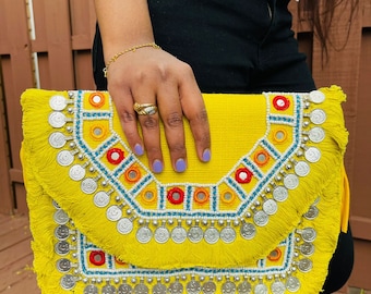 HandMade Bohemian Bag from India | Women Boho Purse | Yellow Jute Bag | Boho Festival Bag | Handcrafted Clutch | Thanksgiving Gift Her