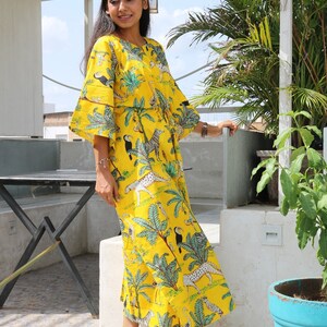 Yellow Tiger Print Cotton Kaftan, Plus Size Tunic Floral Long Caftan, Bridesmaid Gown Summer Clothing With Free Shipping image 4