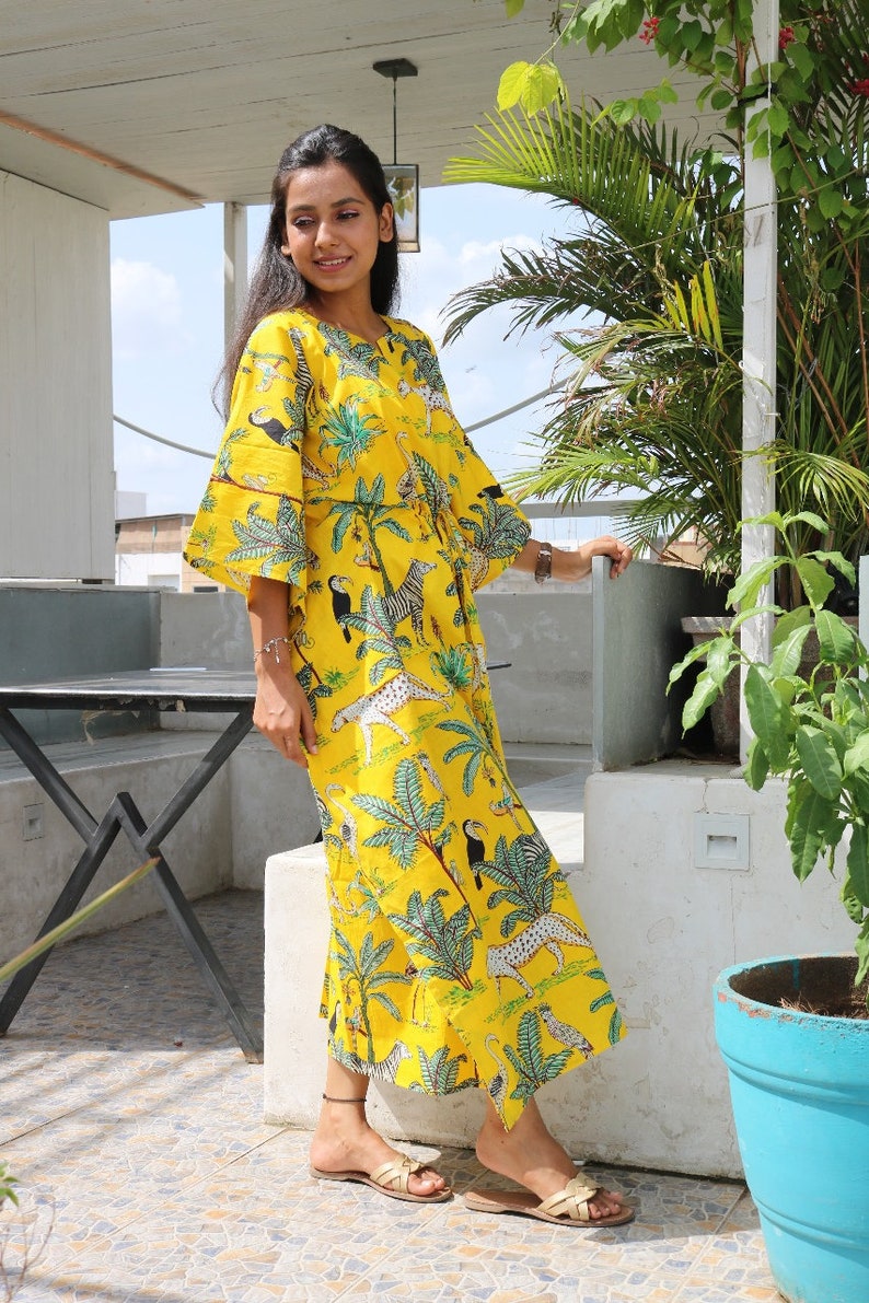 Yellow Tiger Print Cotton Kaftan, Plus Size Tunic Floral Long Caftan, Bridesmaid Gown Summer Clothing With Free Shipping image 4