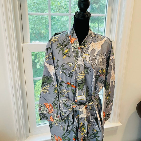 Pure Cotton Bath Robe, Cotton Flower Print Kimono, Night Wear Dressing Gown With Belt Free Size Same as Unisex Robe, Christmas Gift