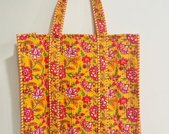 Floral Quilted Cotton Handmade Tote Bag | Shoulder Patchwork Bag | Yoga Shopping Beach Artist Boho Weekender Bag | Quilted Tote bag