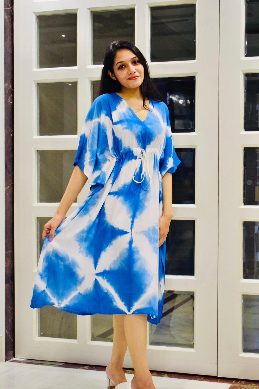 Alisa Petite Cotton Kaftan in Azure Tidal Tie Dye
