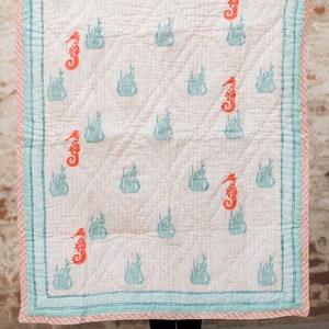 Hand Block Print Reversible Cotton Quilt Handmade Baby Quilt Baby Girl Quilt Peach and Turquoise Cotton Quilt Floating In Sea Christmas Gift