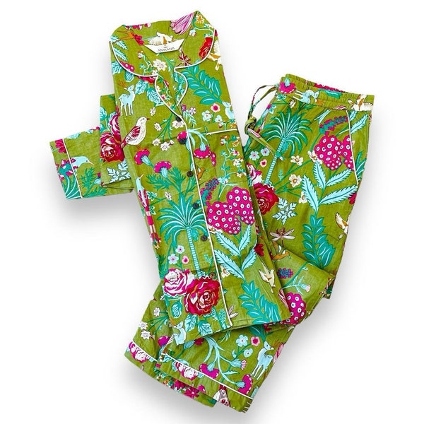 Bridesmaid Pajamas Shirt, Indian Cotton Pj Sets/ Cotton Pajama Set/ Women Night Pj Set/ Floral Printed Green Color Pajama Set, Gift For Mom