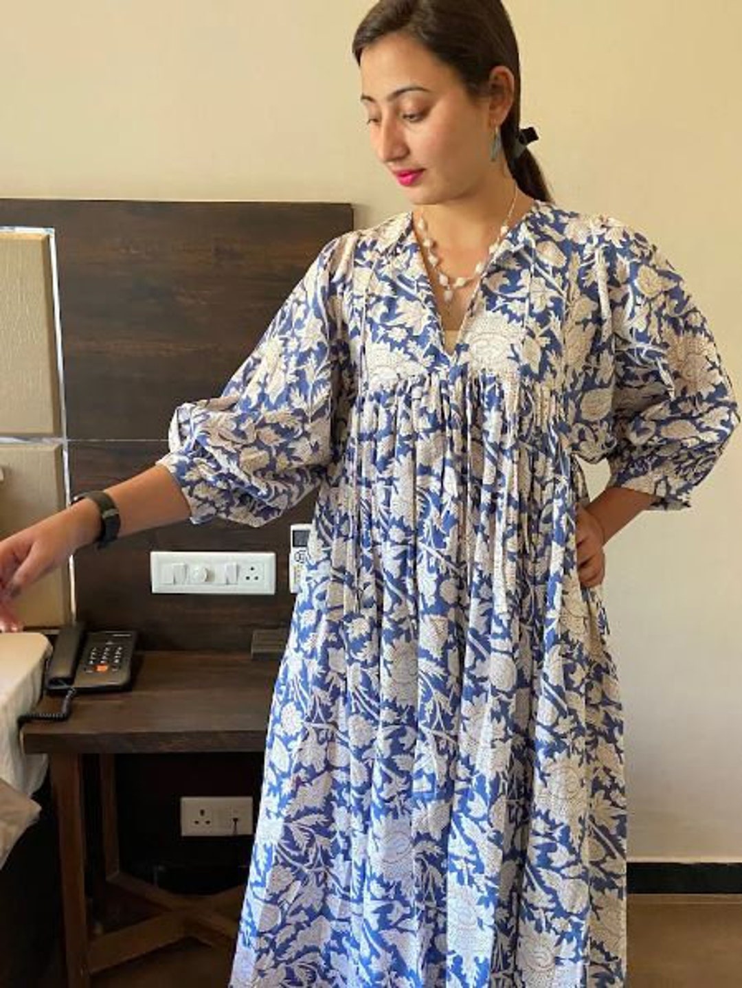bohemian light salmon hand block floral printed long maxi dress - 3/4th sleeve cotton dress