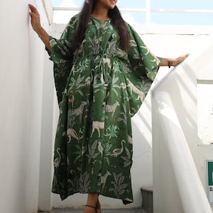 Green  Forest Tiger Hand Block Printed Cotton Kaftan Plus Size Tunic Floral Long Caftan Beach Maxi Bridesmaid Gown kaftan Dress