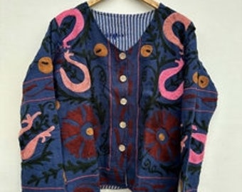 Suzani Coat, vintage embroidered cotton kimono Coat, embroidery jacket, Short Suzani Jacket, Embroidered Suzani Mother's Day Gift