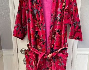 PINK Bird Print Velvet Long Kimono, Gift for mom, Beach Wear Dress, Handmade Cover up Bath Robes, Bridesmaid Robes, Mother's Day gift
